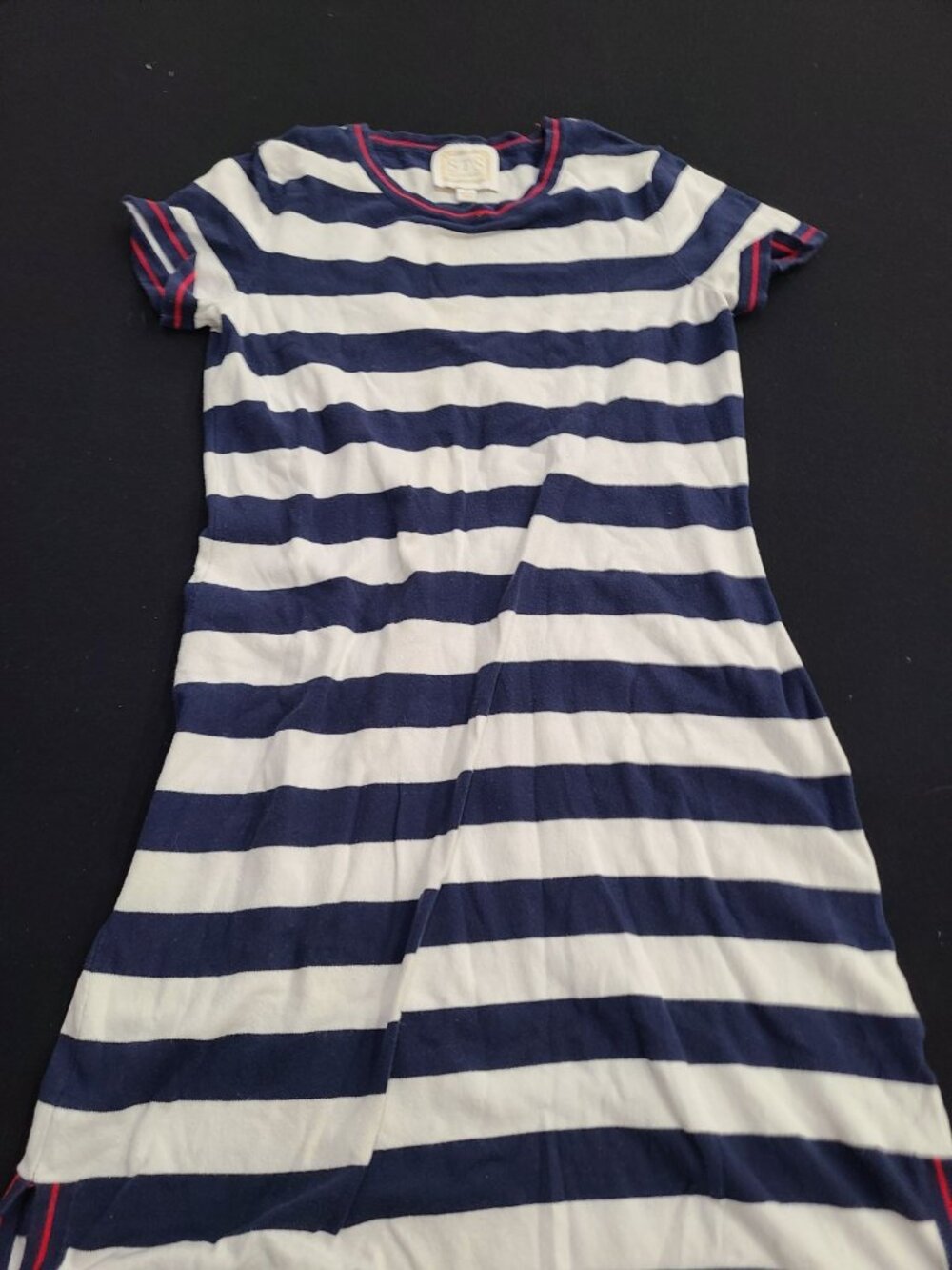 Sail To Sable Womens Navy & White Striped Short Sleeve Dress With Red Trim Size